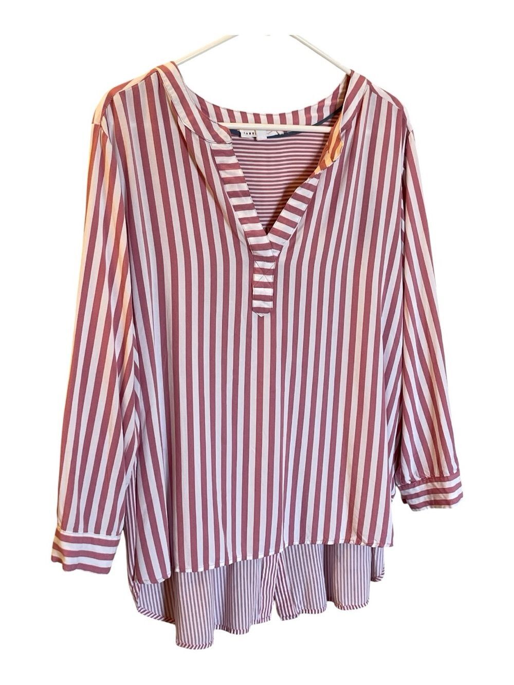 Jane & Delancey Womens 2X Pink White Striped Rayon Blouse Roll Tab High Low Top